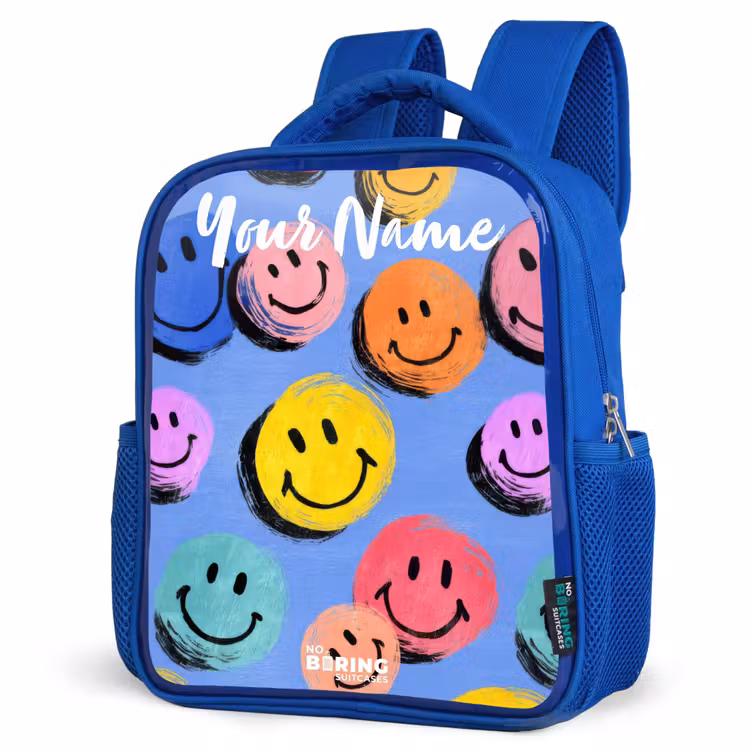 Een speels en kunstzinnig patroon van kleurrijke smileys Kinderrugzak - Blauw middel -schuin