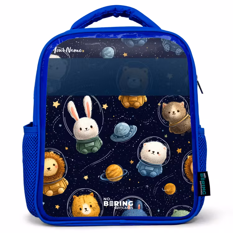 Dieren - Astronaut - Planeten - Sterren Kinderrugzak - Blauw middel -3d