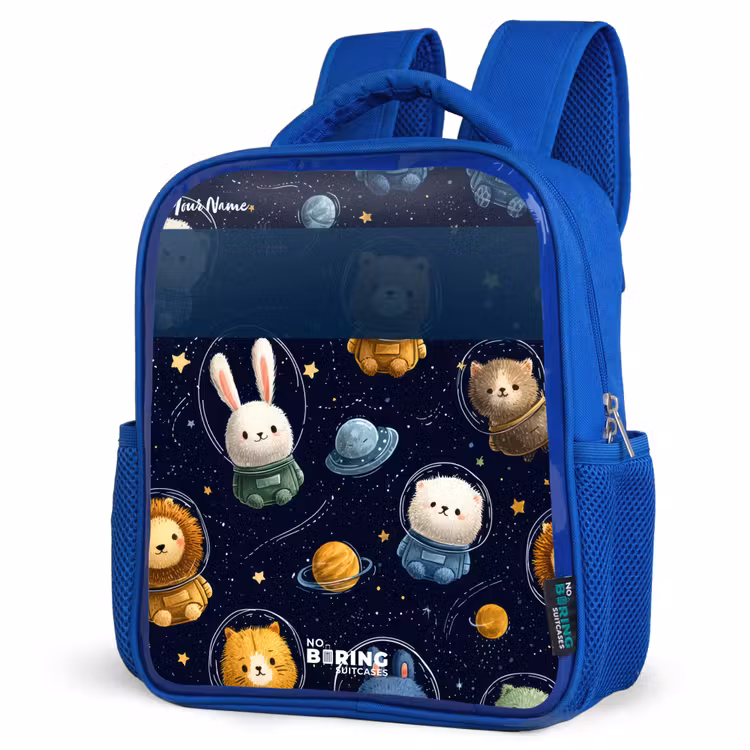 Dieren - Astronaut - Planeten - Sterren Kinderrugzak - Blauw middel -schuin