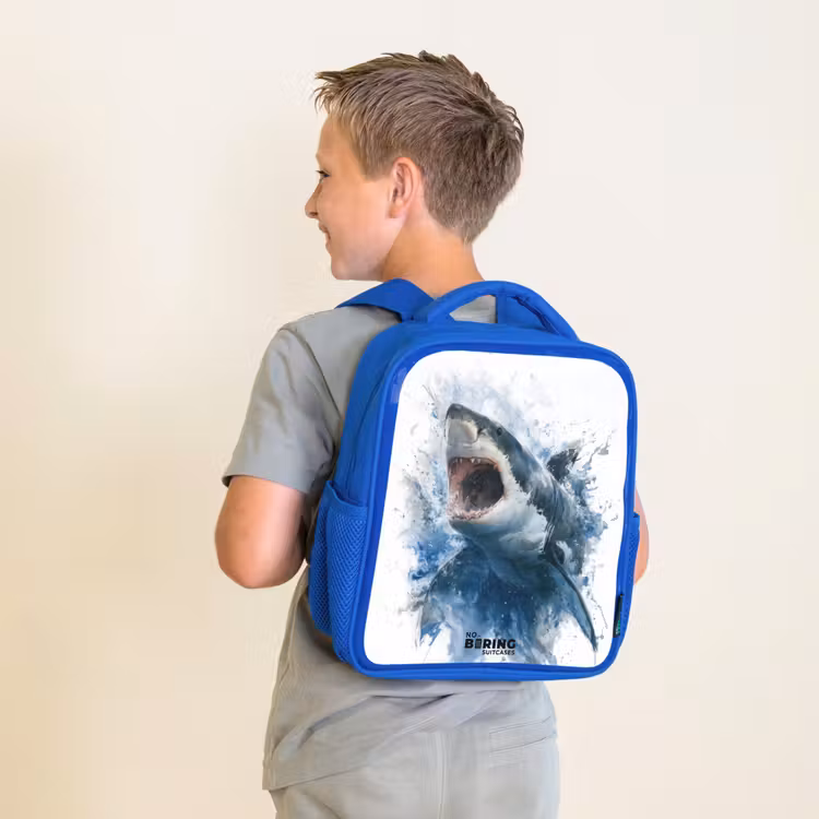 Aanvallende haai in waterverf Kinderrugzak - Blauw middel -sfeer2