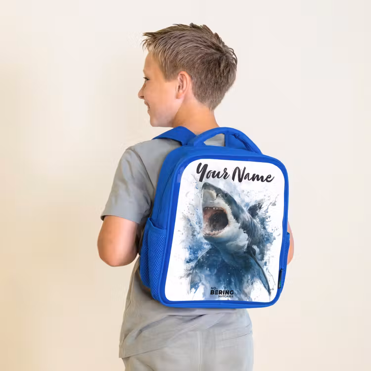 Aanvallende haai in waterverf Kinderrugzak - Blauw middel -sfeer2