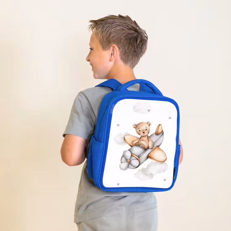 Beer - Vliegtuig - Sterren - Kinderen Kinderrugzak - Blauw middel -sfeer2