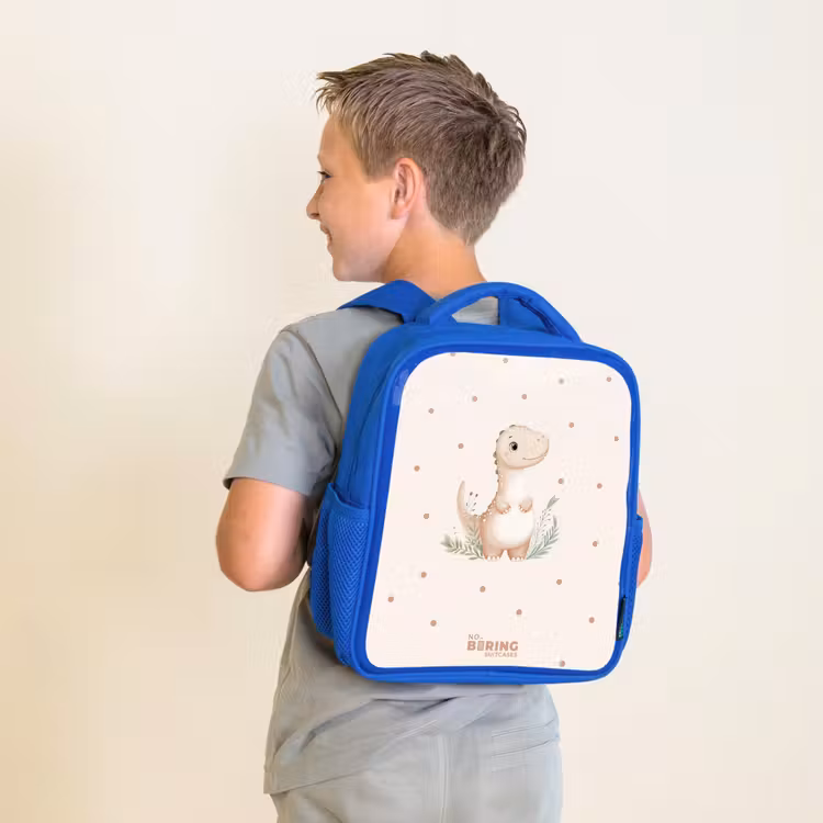 Beige dino op een stippen achtergrond Kinderrugzak - Blauw middel -sfeer2