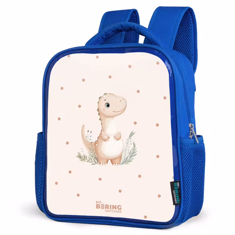 Beige dino op een stippen achtergrond Kinderrugzak - Blauw middel -schuin