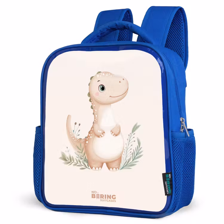 Beige dinosaurus met groene blaadjes Kinderrugzak - Blauw middel -schuin