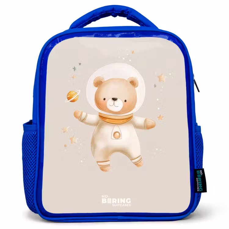 Beige ruimtebeer zweeft tussen sterren Kinderrugzak - Blauw middel -3d