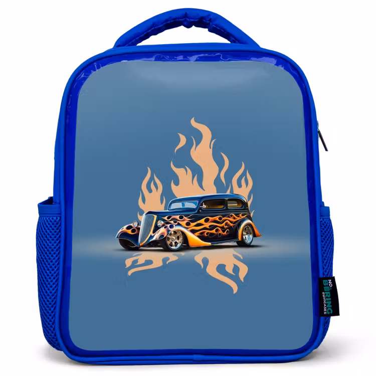 Zwarte auto met beige vlammen Kinderrugzak - Blauw middel -3d