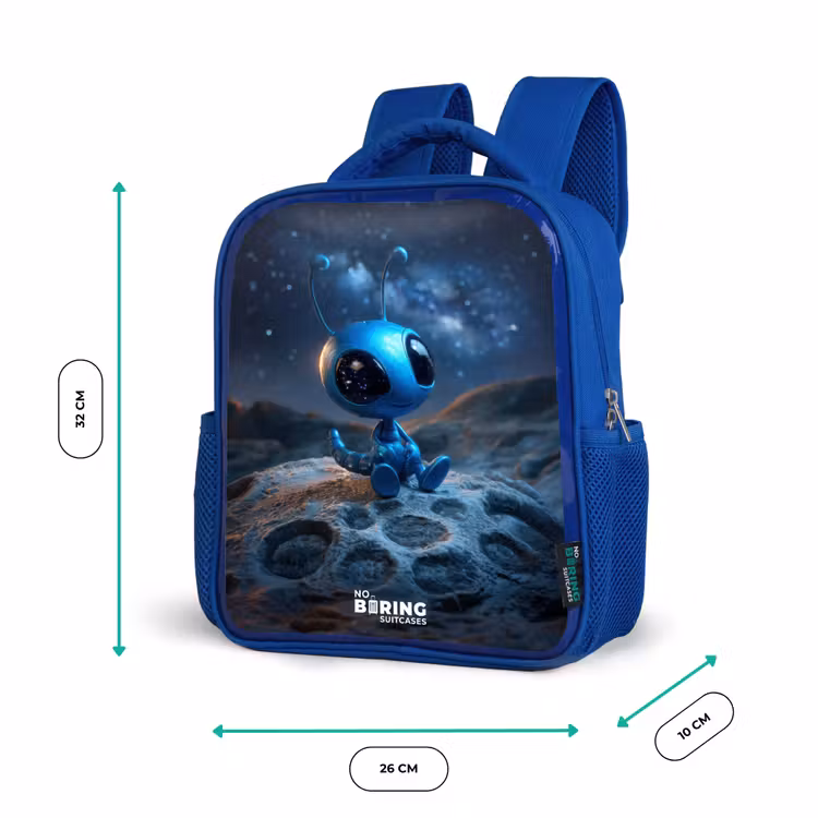 Blauw buitenaards wezentje onder sterrenhemel Kinderrugzak - Blauw middel -productfoto_formaten