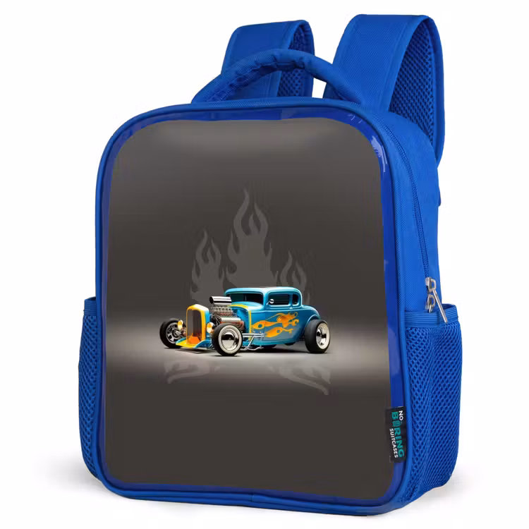Blauwe auto met grijze vlammen Kinderrugzak - Blauw middel -schuin