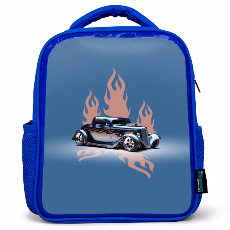 Blauwe auto met roze vlammen Kinderrugzak - Blauw middel -3d
