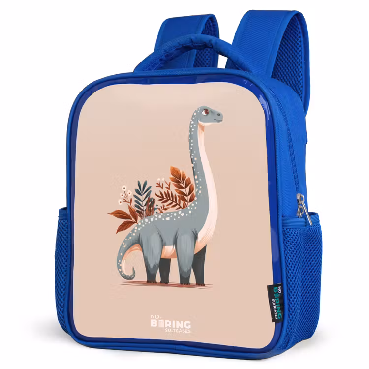 Blauwe dinosaurus op een beige achtergrond Kinderrugzak - Blauw middel -schuin