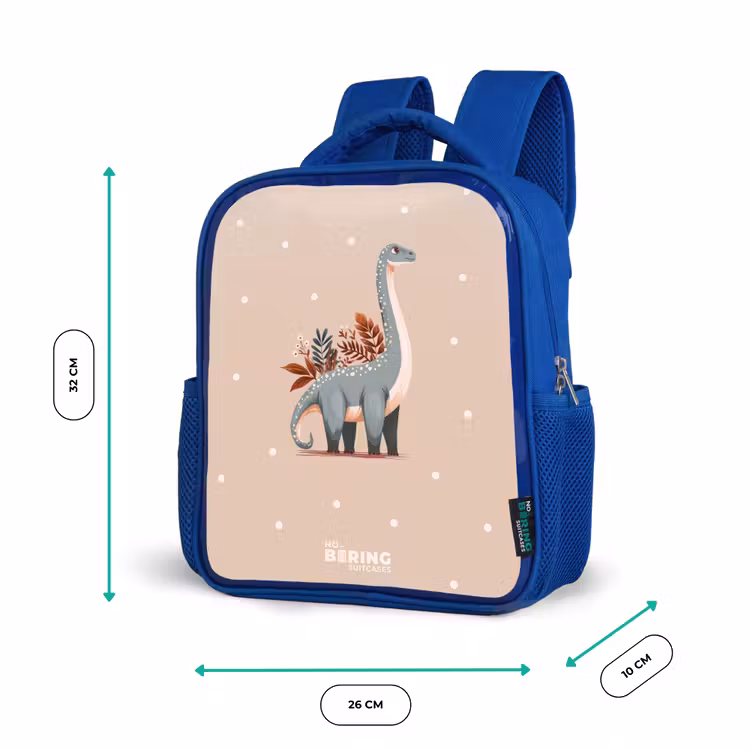 Blauwe dinosaurus op een beige stippenachtergrond Kinderrugzak - Blauw middel -productfoto_formaten