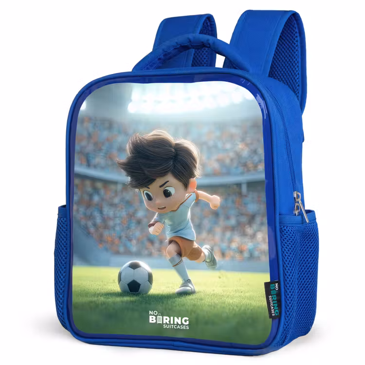 Jongen - Voetbal - Stadion - Zonlicht Kinderrugzak - Blauw middel -schuin
