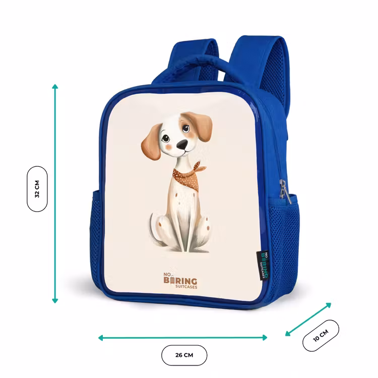 Bruin gevlekte pup op een beige achtergrond Kinderrugzak - Blauw middel -productfoto_formaten
