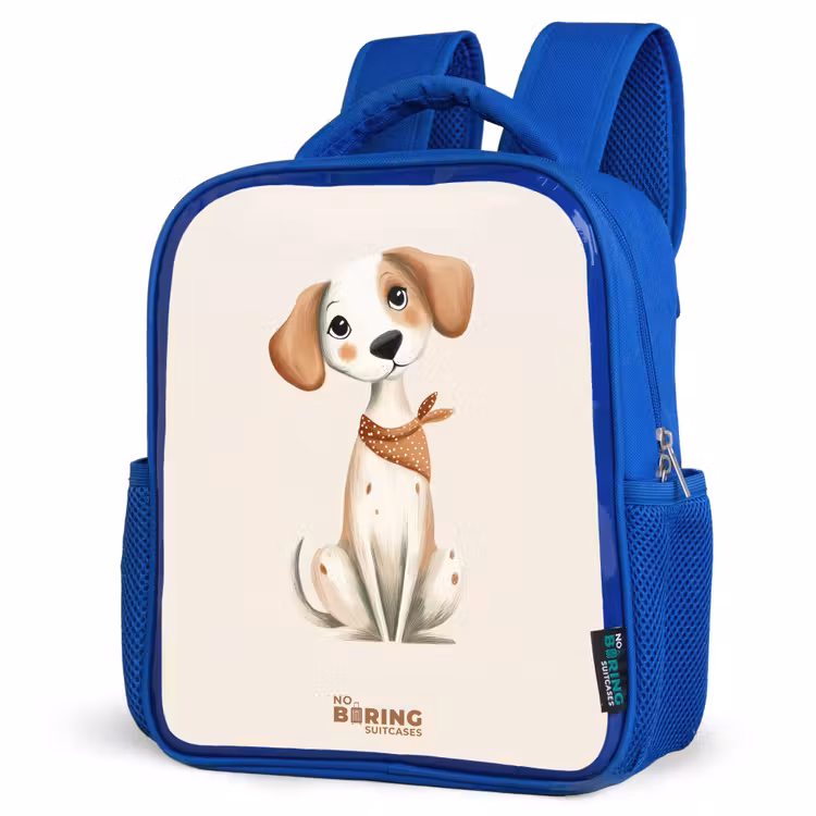 Bruin gevlekte pup op een beige achtergrond Kinderrugzak - Blauw middel -schuin