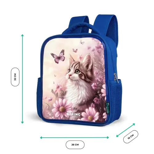 Kat - Paars - Vlinders - Bloemen Kinderrugzak - Blauw middel -productfoto_formaten