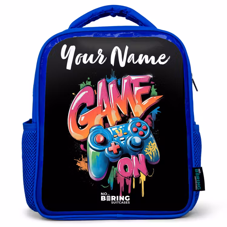 Controller - Game - Graffiti - Tekst Kinderrugzak - Blauw middel -3d