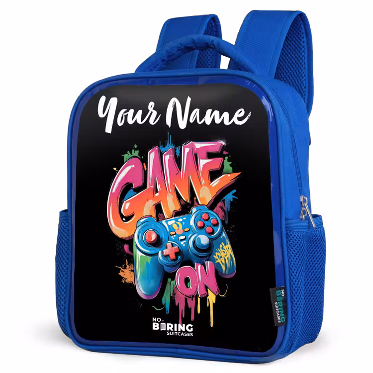 Controller - Game - Graffiti - Tekst Kinderrugzak - Blauw middel -schuin