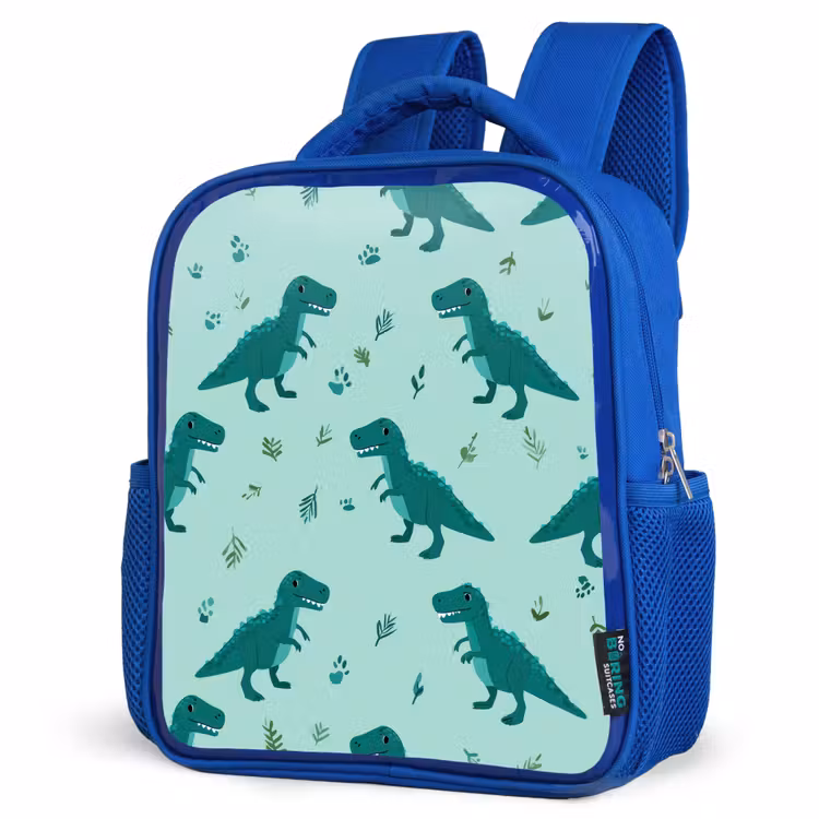 Donkergroen - Dinosaurussen - Afdrukken - Bladeren Kinderrugzak - Blauw middel -schuin