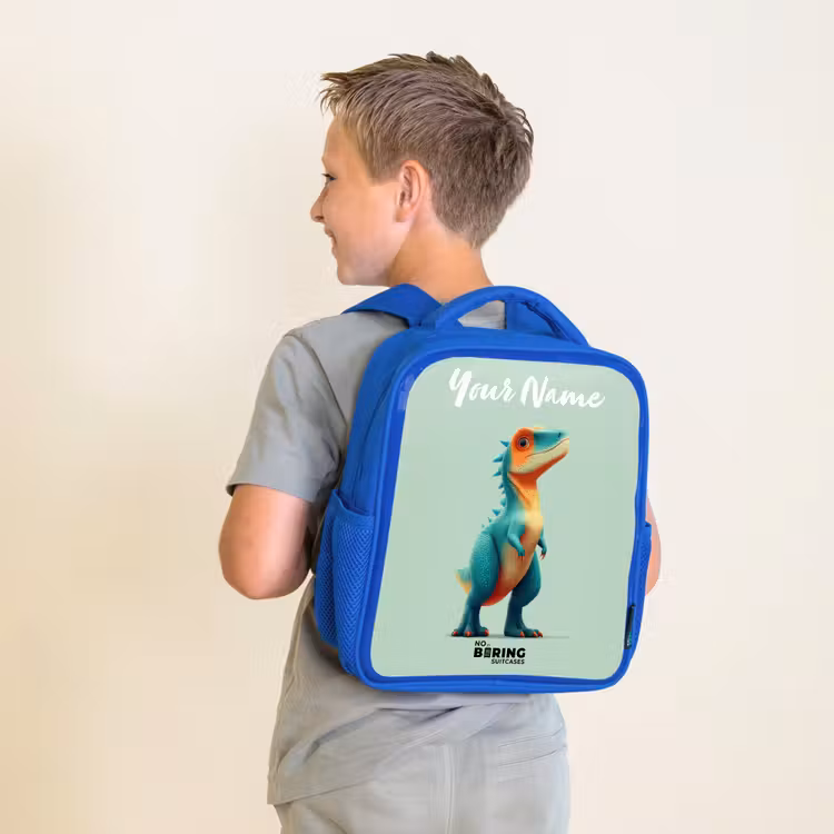 Dino - Dier - Groen - Oranje Kinderrugzak - Blauw middel -sfeer2