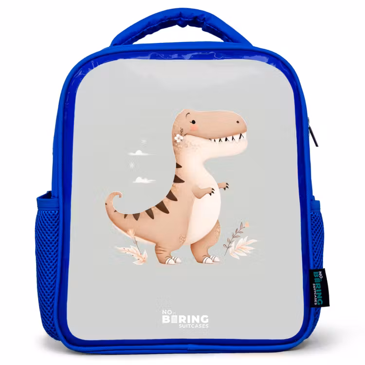 Dino in beige en grijze kleuren Kinderrugzak - Blauw middel -3d