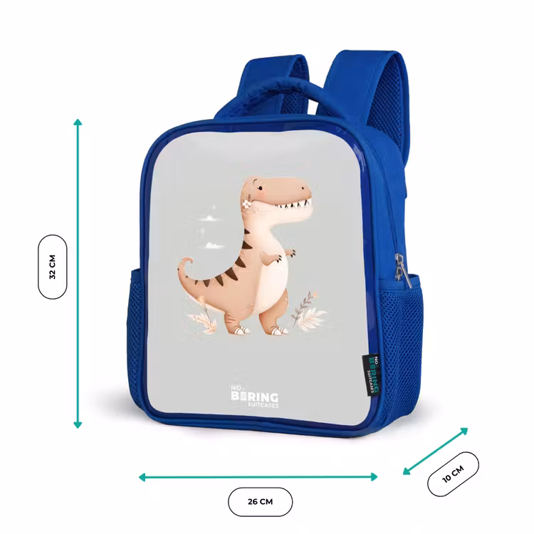 Dino in beige en grijze kleuren Kinderrugzak - Blauw middel -productfoto_formaten