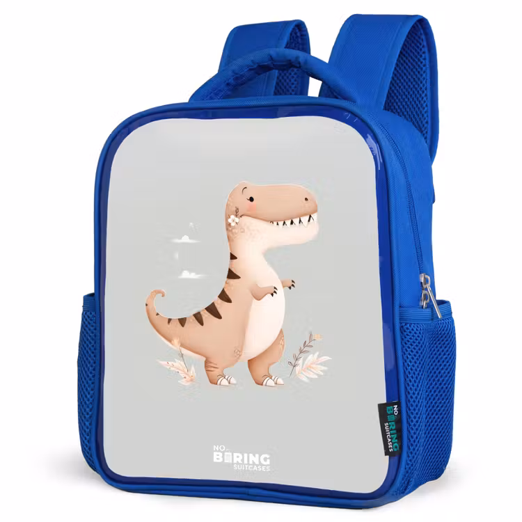 Dino in beige en grijze kleuren Kinderrugzak - Blauw middel -schuin