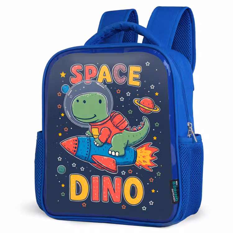 Dino - Raket - Kleurrijk Kinderrugzak - Blauw middel -schuin