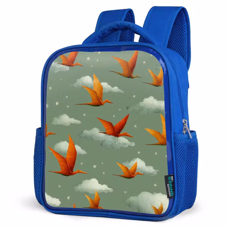 Dinosaurussen - Wolken - Sterren - Oranje Kinderrugzak - Blauw middel -schuin