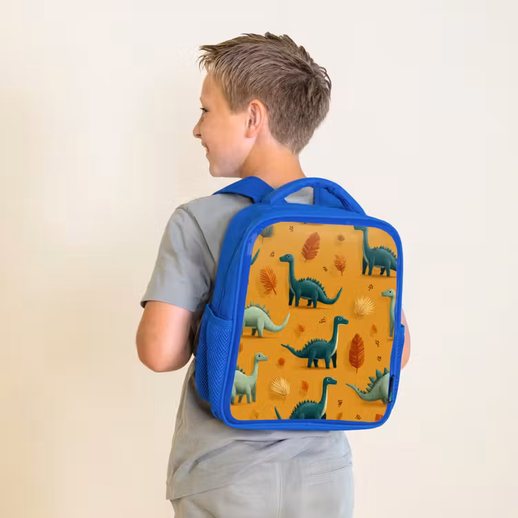 Dinosaurussen - Stekels - Herfstbladeren - Bruin Kinderrugzak - Blauw middel -sfeer2