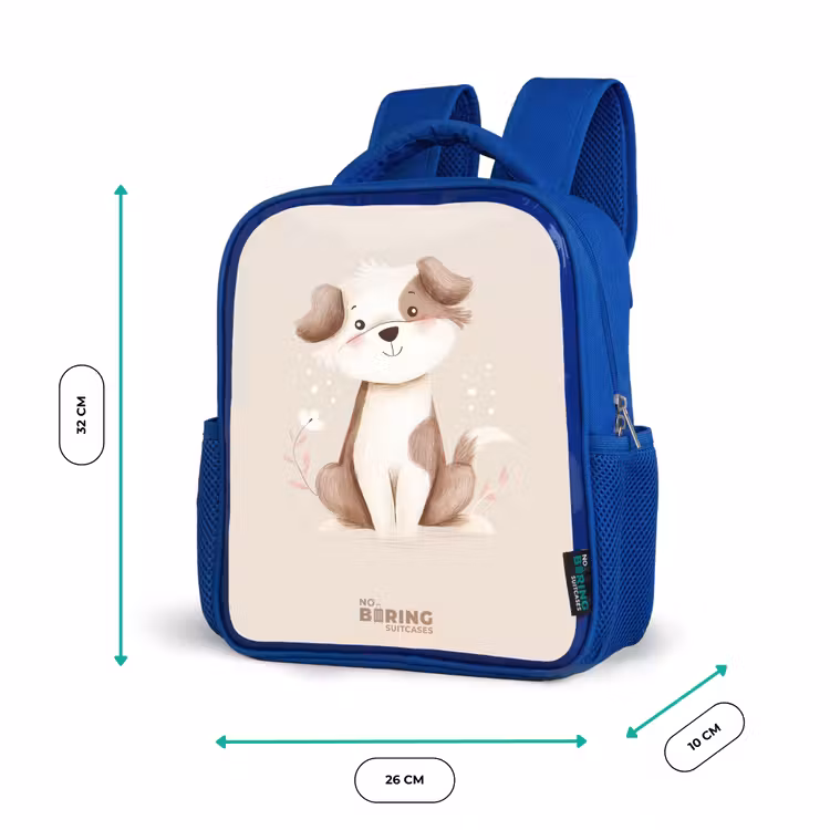 Hond in de kleuren bruin en beige Kinderrugzak - Blauw middel -productfoto_formaten