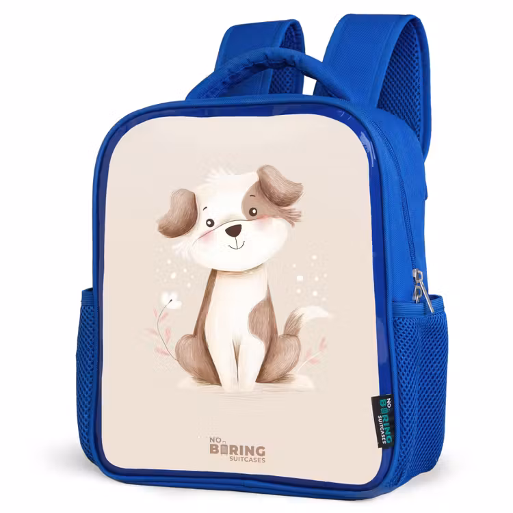 Hond in de kleuren bruin en beige Kinderrugzak - Blauw middel -schuin