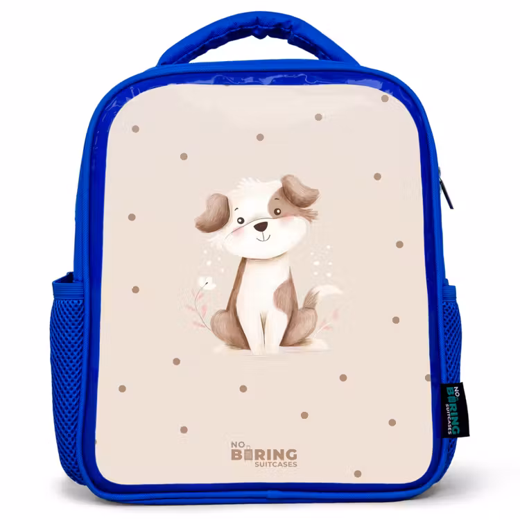 Honden pup omringd door bruine stippen Kinderrugzak - Blauw middel -3d