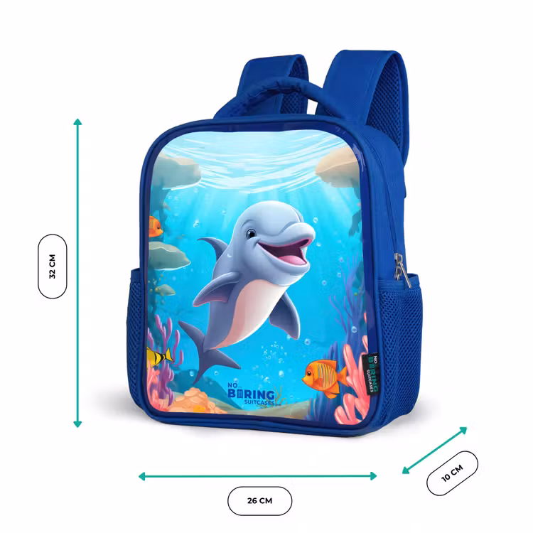Vrolijke dolfijn tussen de koralen Kinderrugzak - Blauw middel -productfoto_formaten