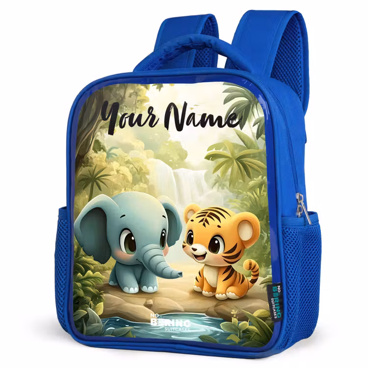 Olifant - Tijger - Bos - Jungle Kinderrugzak - Blauw middel -schuin