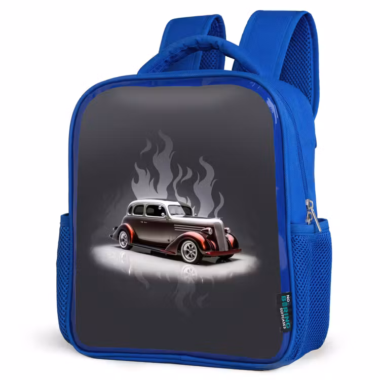 Grijze auto met grijze vlammen Kinderrugzak - Blauw middel -schuin
