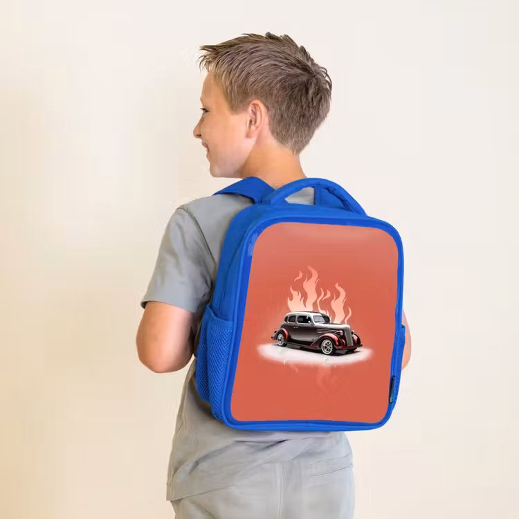 Grijze auto met roze vlammen Kinderrugzak - Blauw middel -sfeer2