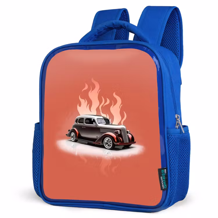 Grijze auto met roze vlammen Kinderrugzak - Blauw middel -schuin