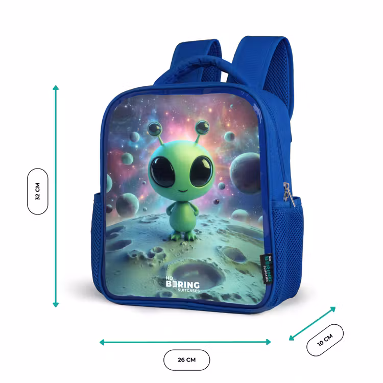 Groen buitenaards wezentje op maanlandschap Kinderrugzak - Blauw middel -productfoto_formaten