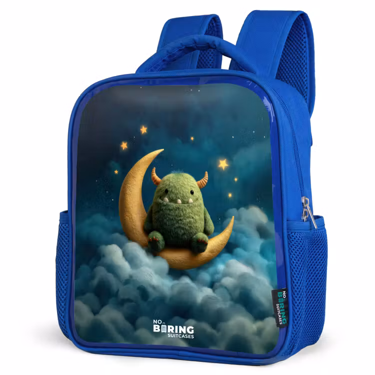 Groen monster op maansikkel Kinderrugzak - Blauw middel -schuin