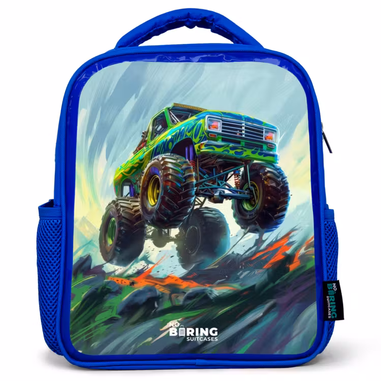 Groene Monstertruck met Penseelstreken Kinderrugzak - Blauw middel -3d