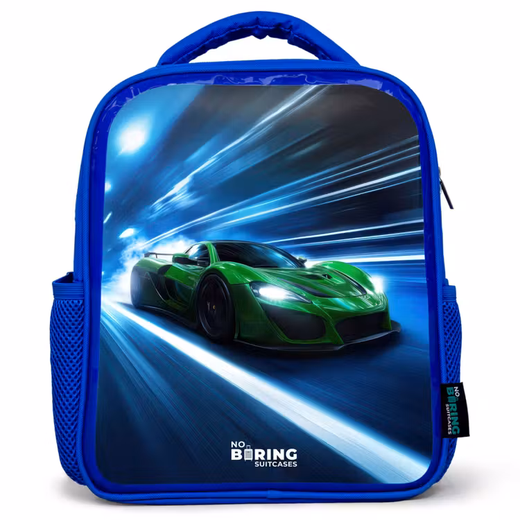 Groene supercar flitst door neonlicht Kinderrugzak - Blauw middel -3d