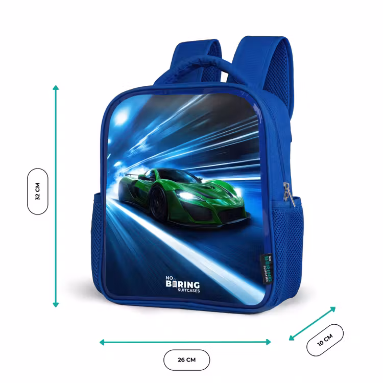 Groene supercar flitst door neonlicht Kinderrugzak - Blauw middel -productfoto_formaten