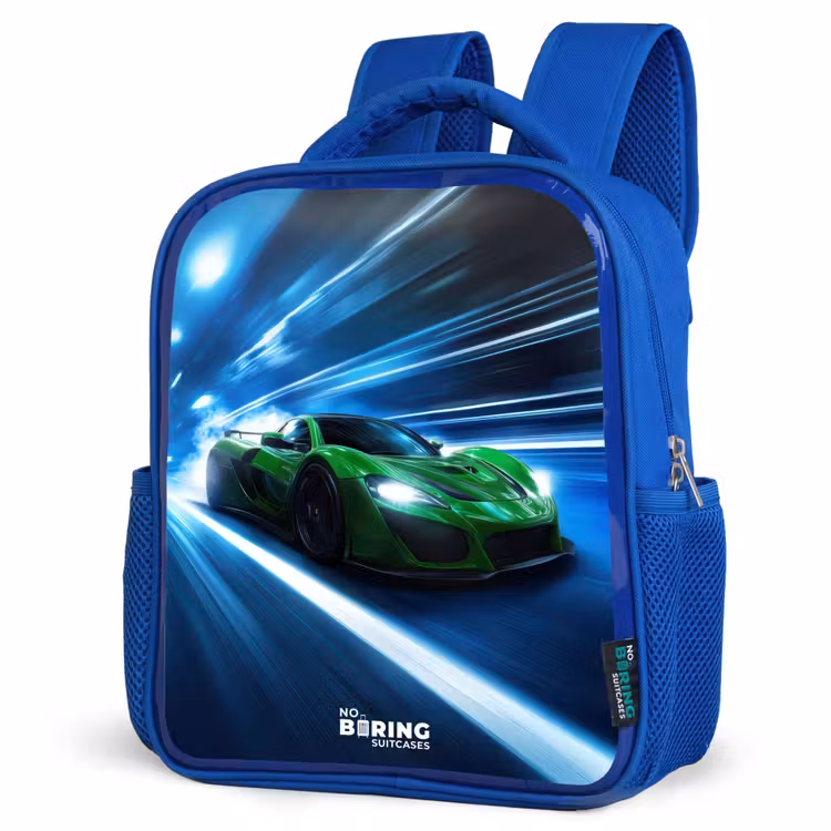 Groene supercar flitst door neonlicht Kinderrugzak - Blauw middel -schuin