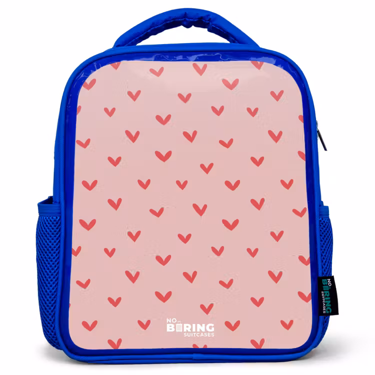 Hartjespatroon met roze kleuren Kinderrugzak - Blauw middel -3d