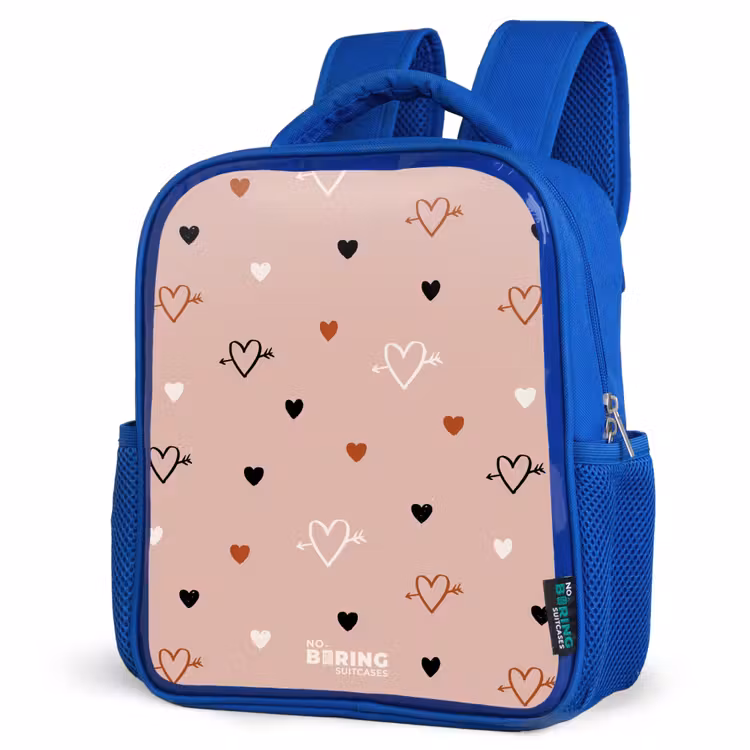 Hartjes met pijlen in zwart, wit en roze Kinderrugzak - Blauw middel -schuin