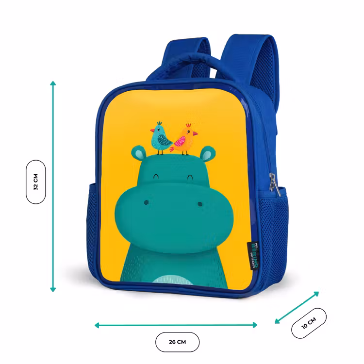 Nijlpaard - Vogels - Groen - Geel Kinderrugzak - Blauw middel -productfoto_formaten