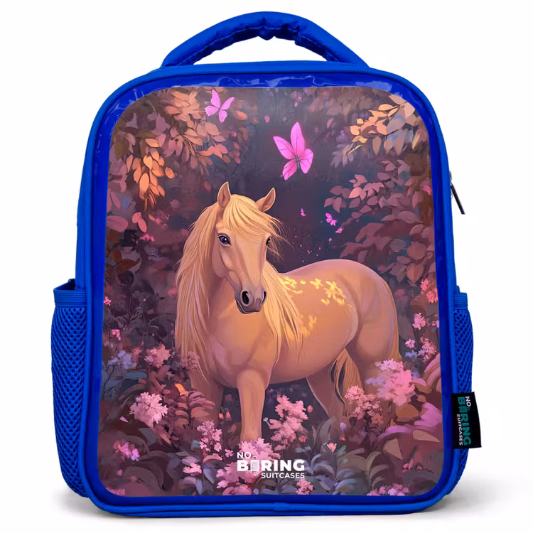 Paard - Bloemen - Paars - Vlinder Kinderrugzak - Blauw middel -3d