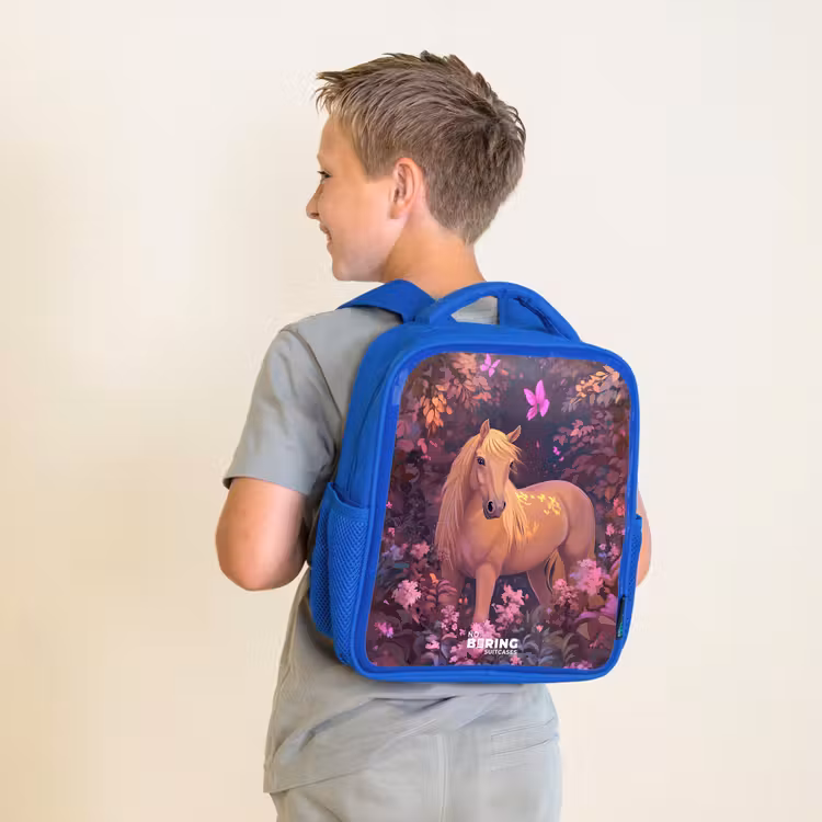 Paard - Bloemen - Paars - Vlinder Kinderrugzak - Blauw middel -sfeer2