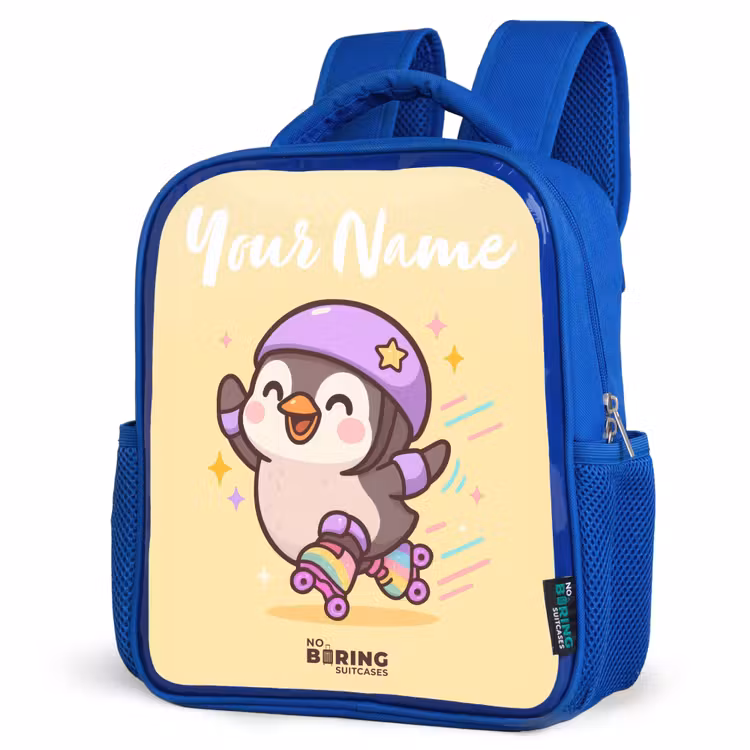 Kawai - Pinguin - Rolschaatsen Kinderrugzak - Blauw middel -schuin